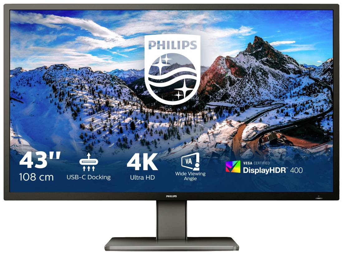 Een Philips 43-inch 4K-monitor met USB-C-docking, Ultra HD, breed kijkbereik en DisplayHDR 400-certificering. Op de achtergrond bergen.