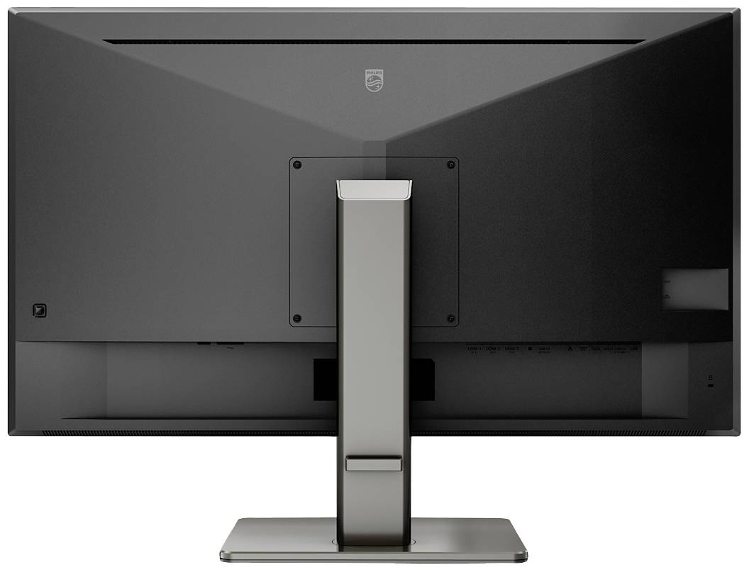 'Een zwarte computermonitor van achteren met een zilveren voet. Het scherm is uitgeschakeld en toont geen inhoud.'