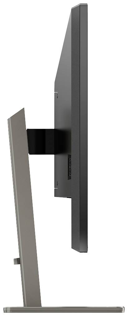 Zijaanzicht van een slanke computermonitor met een metalen standaard.