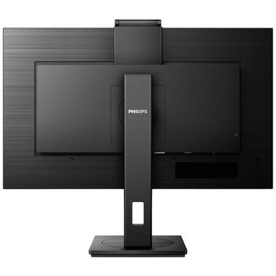 Achterkant van een zwarte monitor met een rechthoekige voet en Philips-logo in het midden.