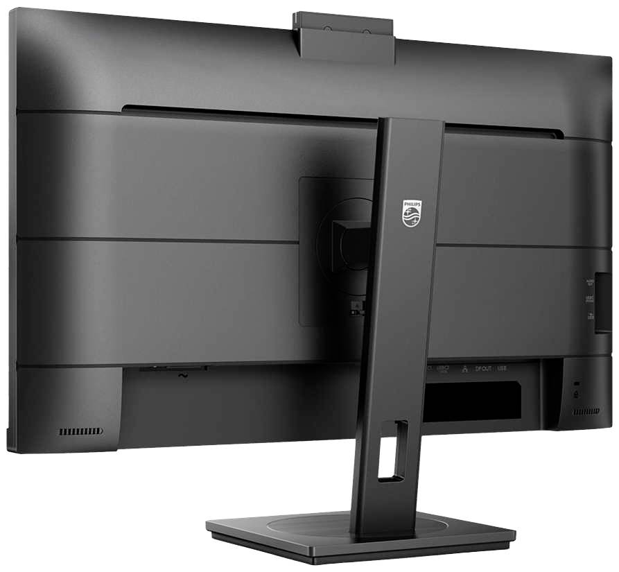 Achteraanzicht van een zwarte computermonitor met een smal voetstuk. Het merk is zichtbaar aan de achterkant.