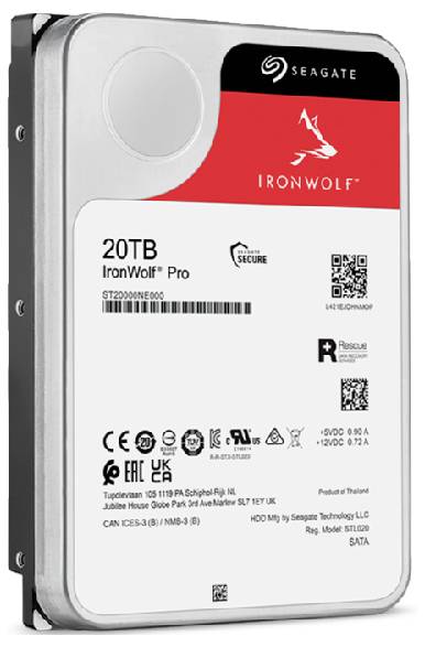 Seagate hardeschijf met 20 TB opslagcapaciteit, productnaam 'IronWolf Pro', modelnummer ST20000NE000, geschikt voor NAS-systemen.
