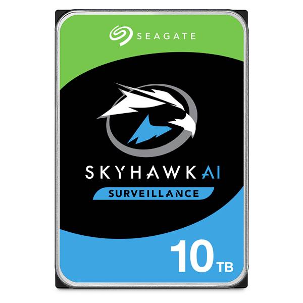 'Seagate SkyHawk AI 10TB Harde schijf voor bewaking.' Logo met witte valk op zwarte achtergrond.