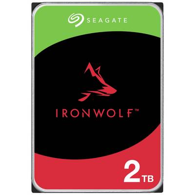 Harde schijf met 'Seagate IronWolf'-logo, 2 TB opslag, ontworpen in zwart, rood en groen.