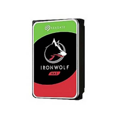Seagate IronWolf NAS-harde schijf in zwart, rood en groen, geschikt voor NAS-systemen, wolfskoplogoweergave aan de voorzijde.
