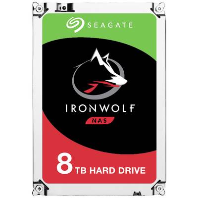 Een Seagate IronWolf NAS-harde schijf met 8 TB capaciteit. Zwarte en rode behuizing, geschikt voor netwerksopslagoplossingen.