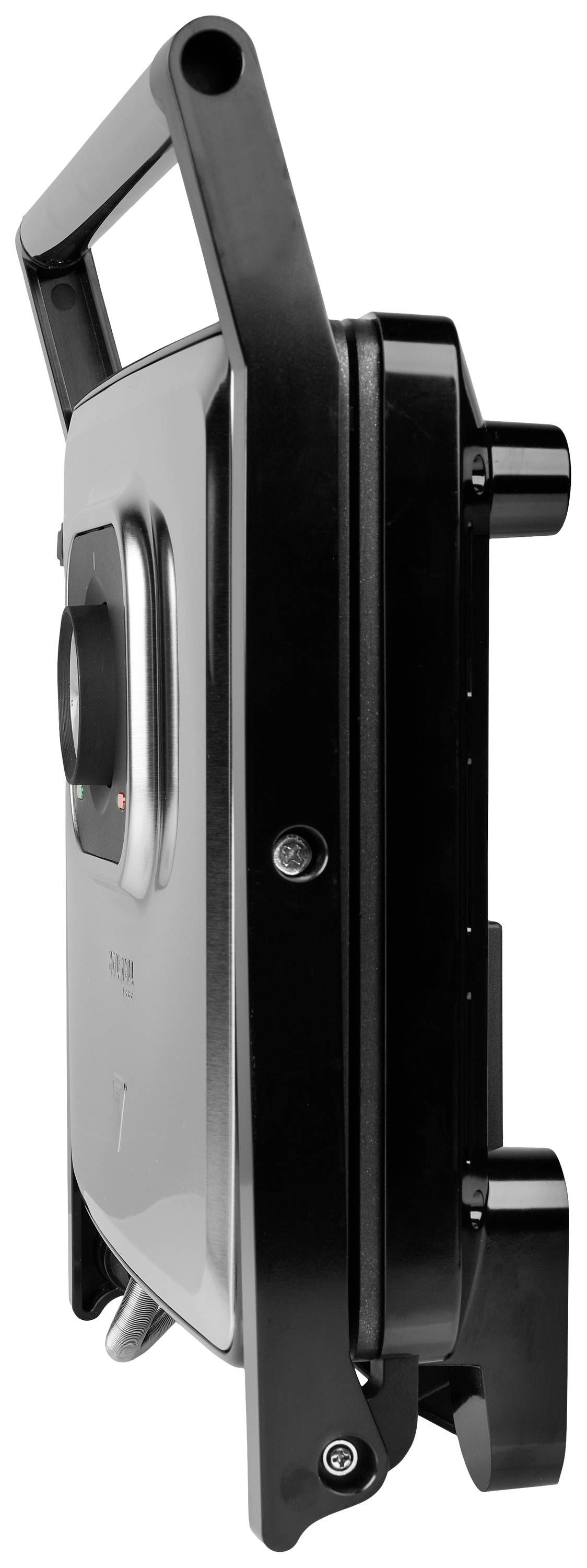 Elektrische contactgrill in zijaanzicht, zwart, handgreep bovenaan, bedieningsknop zichtbaar aan de zijkant.