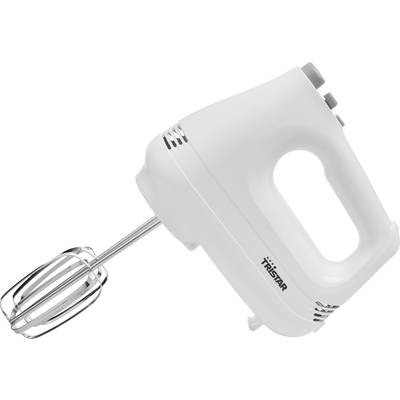 Witte handmixer met twee garde-opzetstukken, geschikt voor het mengen van deeg en andere ingrediënten. Compact, ergonomisch ontwerp.