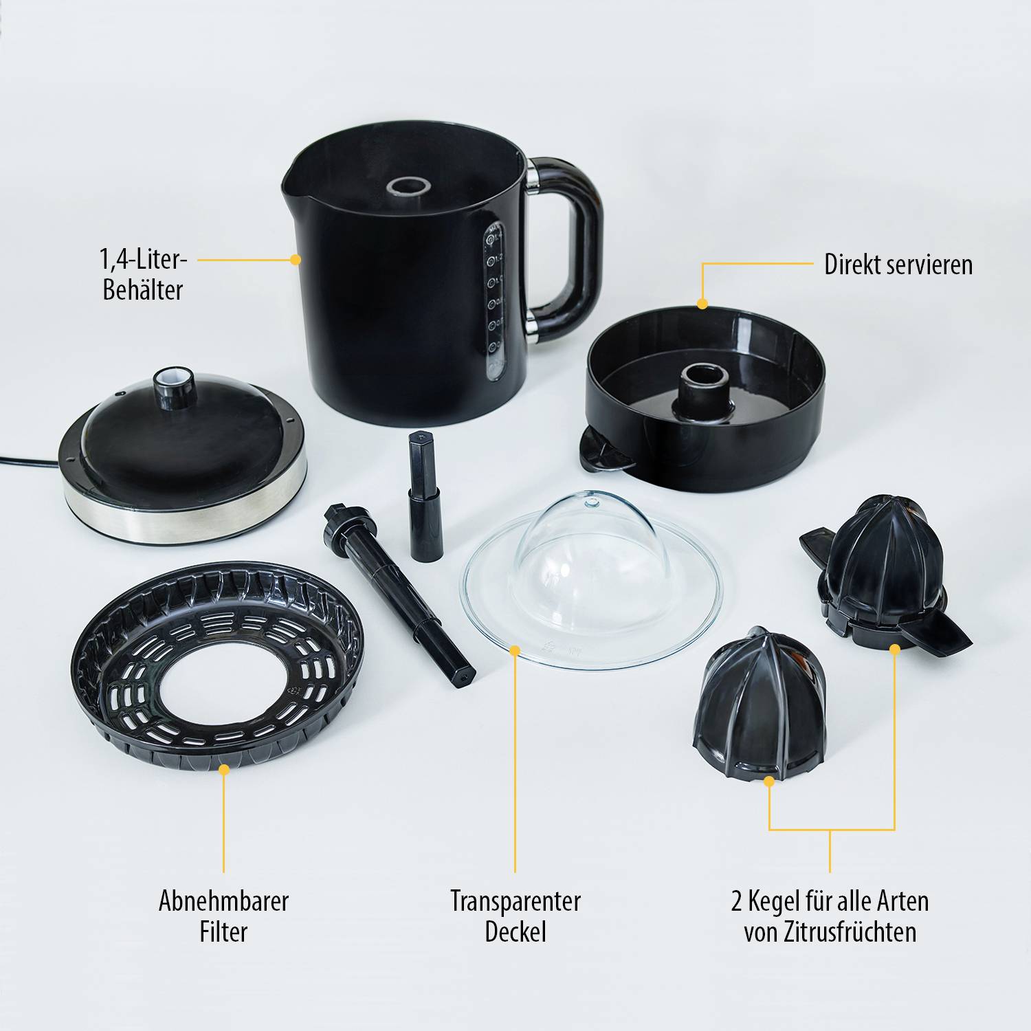 Elektrische sapcentrifuge in onderdelen: 1,4-liter reservoir, verwijderbaar filter, transparante deksel, twee kegels voor citrusvruchten.
