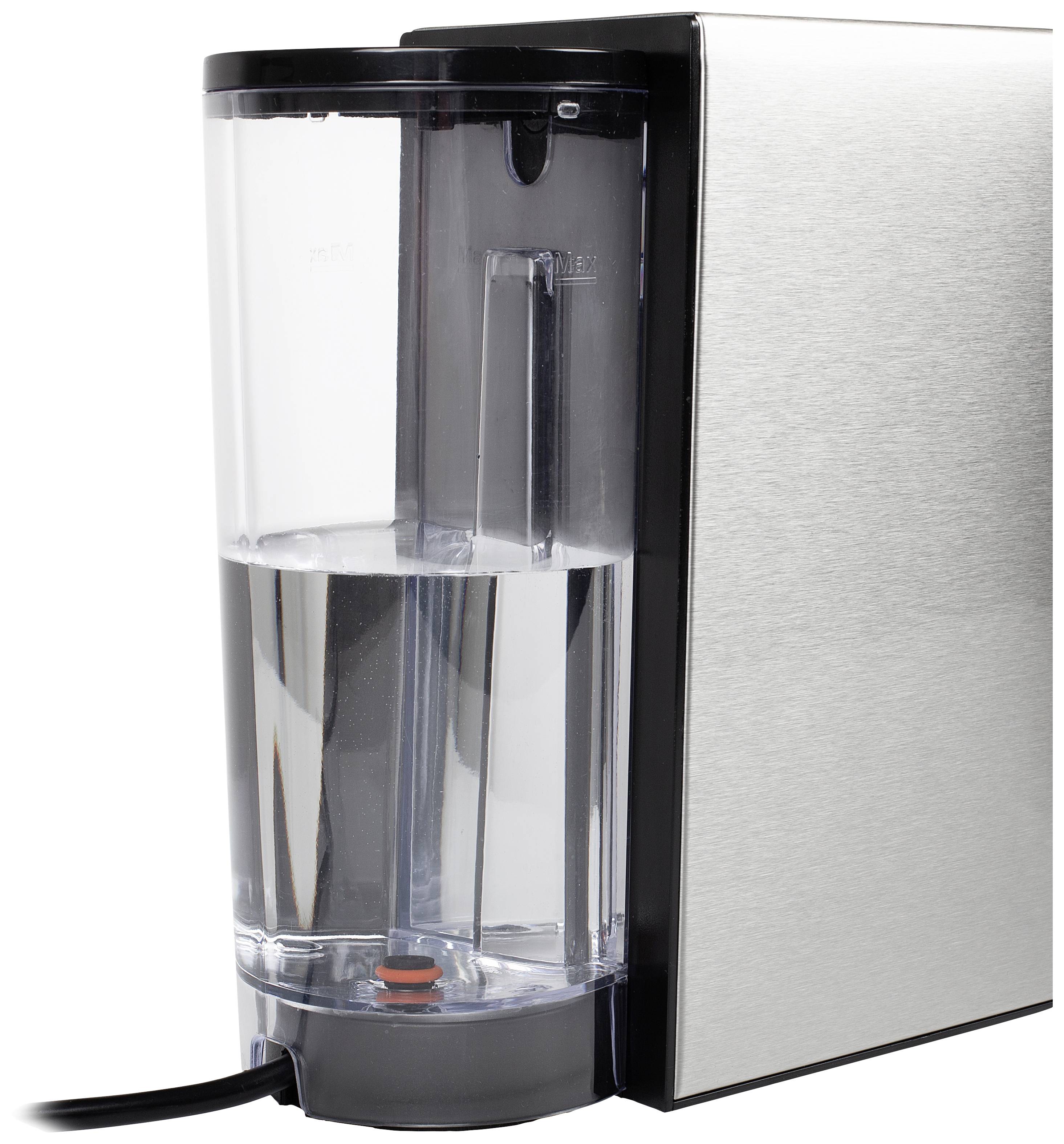 Zilveren waterreservoir van een koffiemachine met een transparant plastic onderdeel, gevuld met water; zwarte netvoedingskabel zichtbaar.