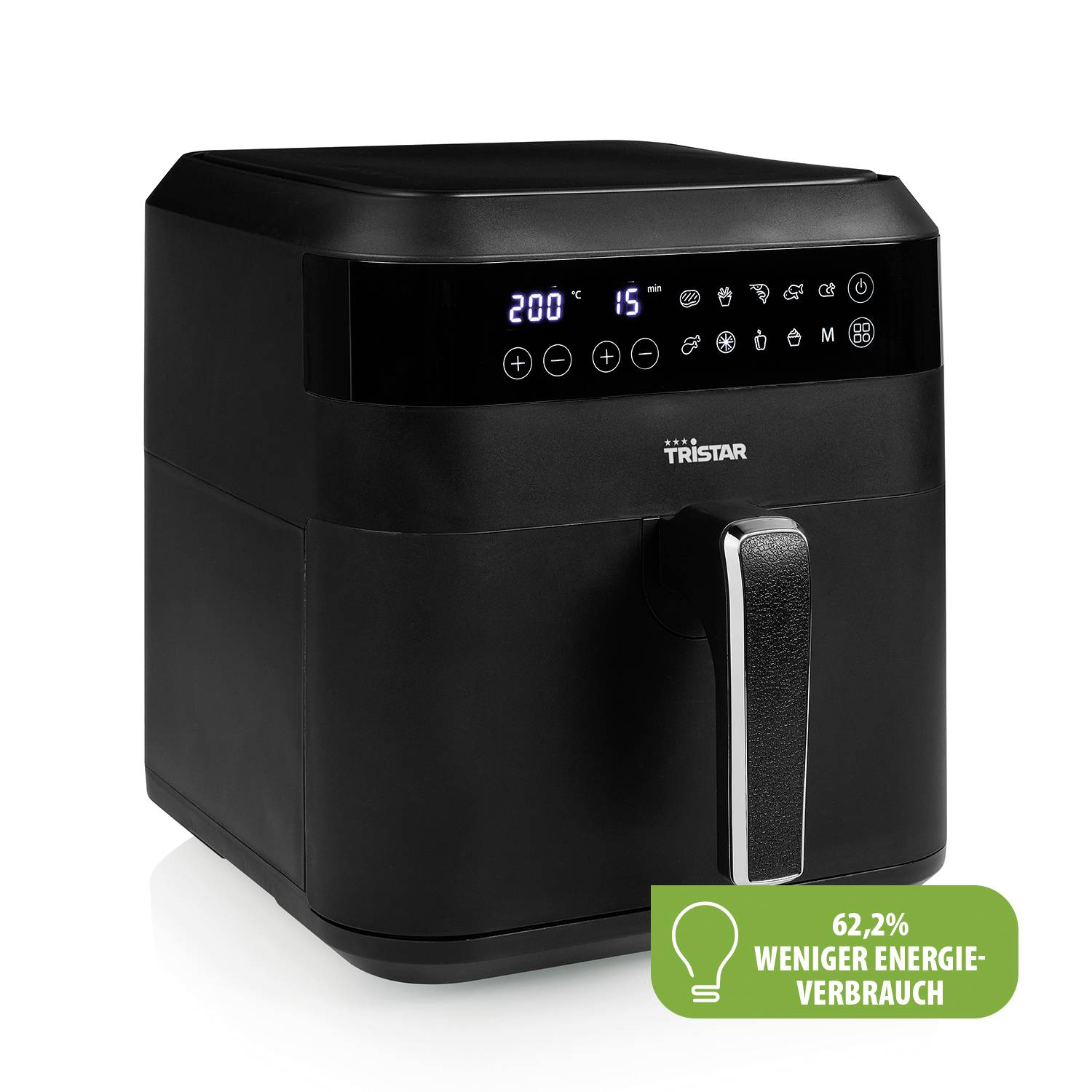 Zwarte heteluchtfriteuse met digitaal display. Een groen symbool toont '62,2% minder energieverbruik'.