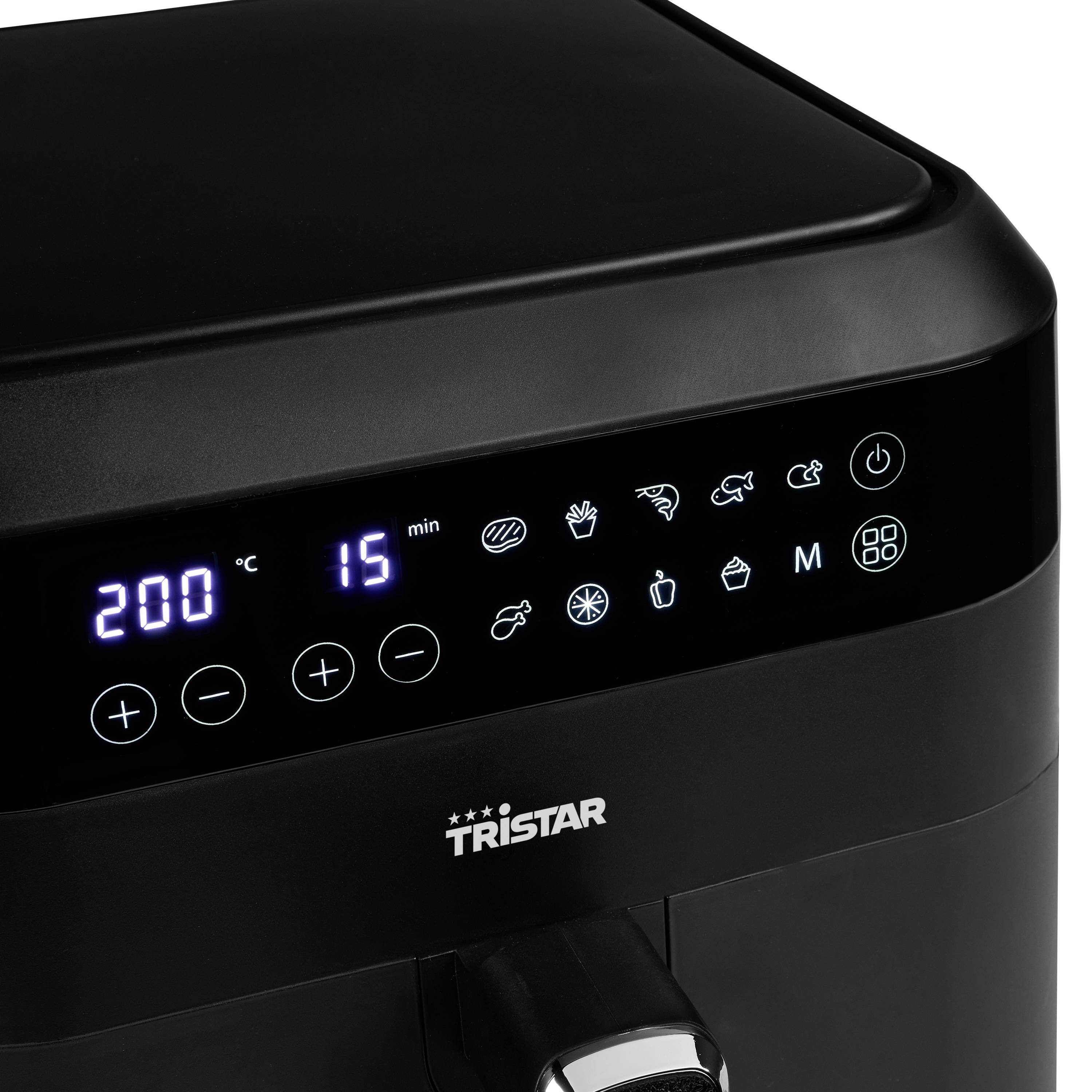 Zwarte heteluchtfriteuse met digitaal display toont 200°C en 15 minuten. Symbolen voor verschillende functies en modi zichtbaar.