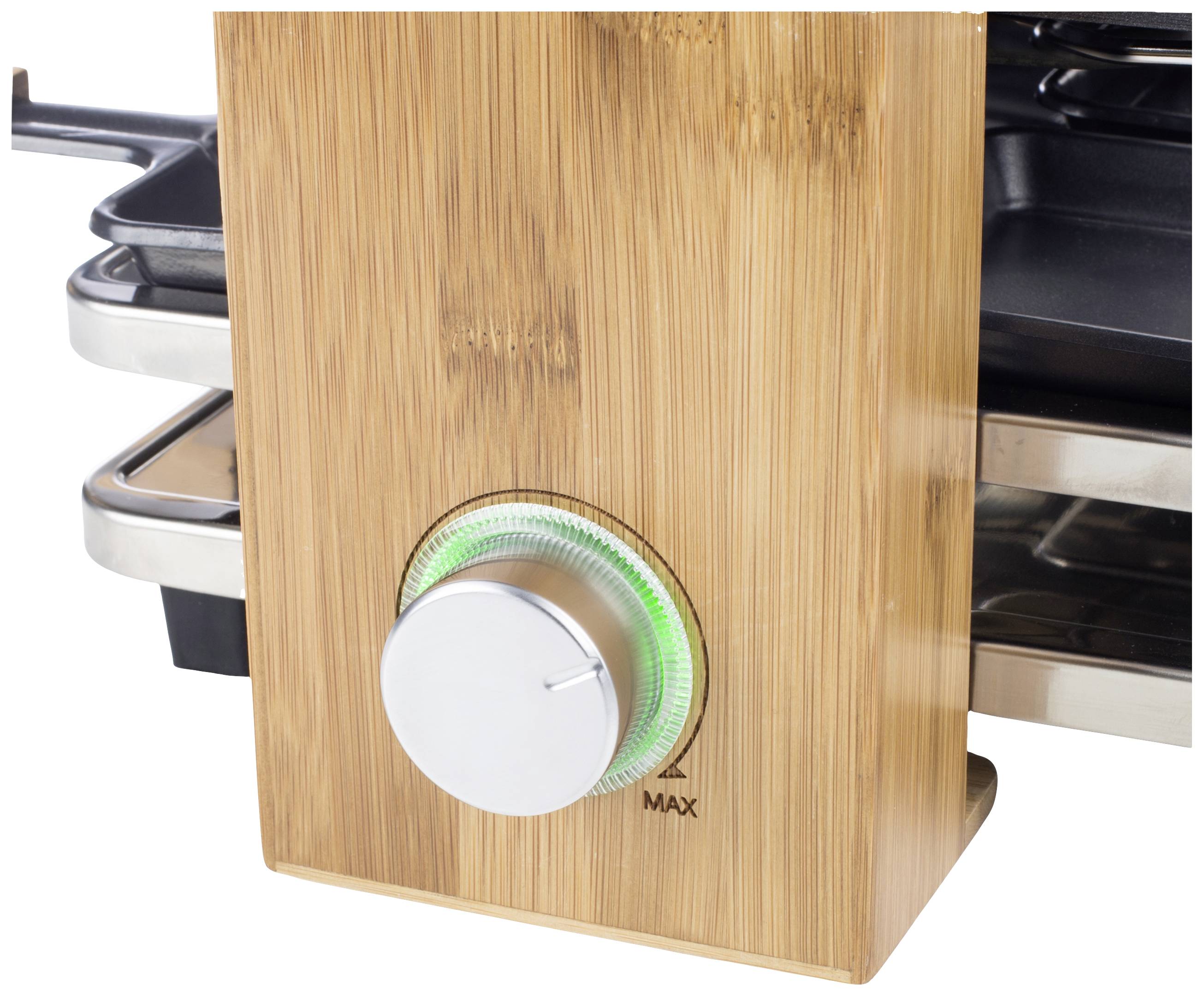 Een elektrisch apparaat met een houten voorkant en een draaiknop die geleidelijk verlicht wordt met groene lampjes. Het lijkt een oven te zijn.