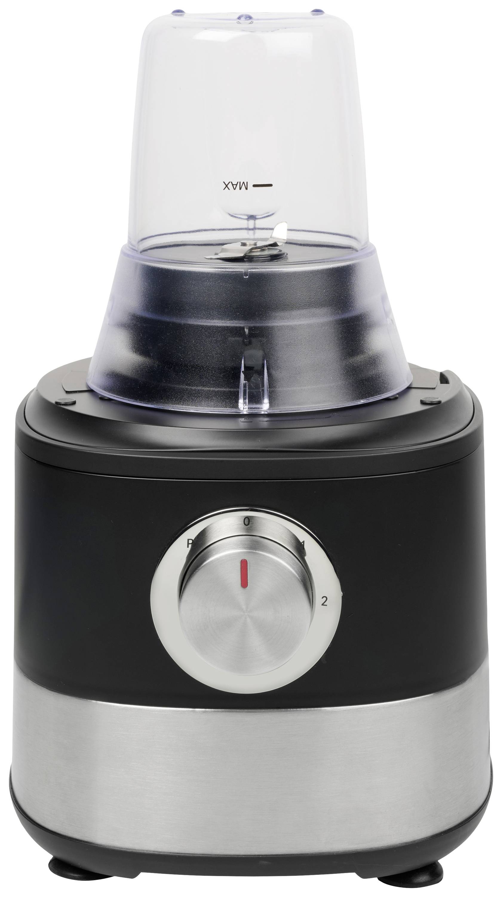 Zwarte blender met metalen draaiknop, eenvoudige bediening, kunststof deksel bovenop. Ideaal voor smoothies en gemixte drankjes.