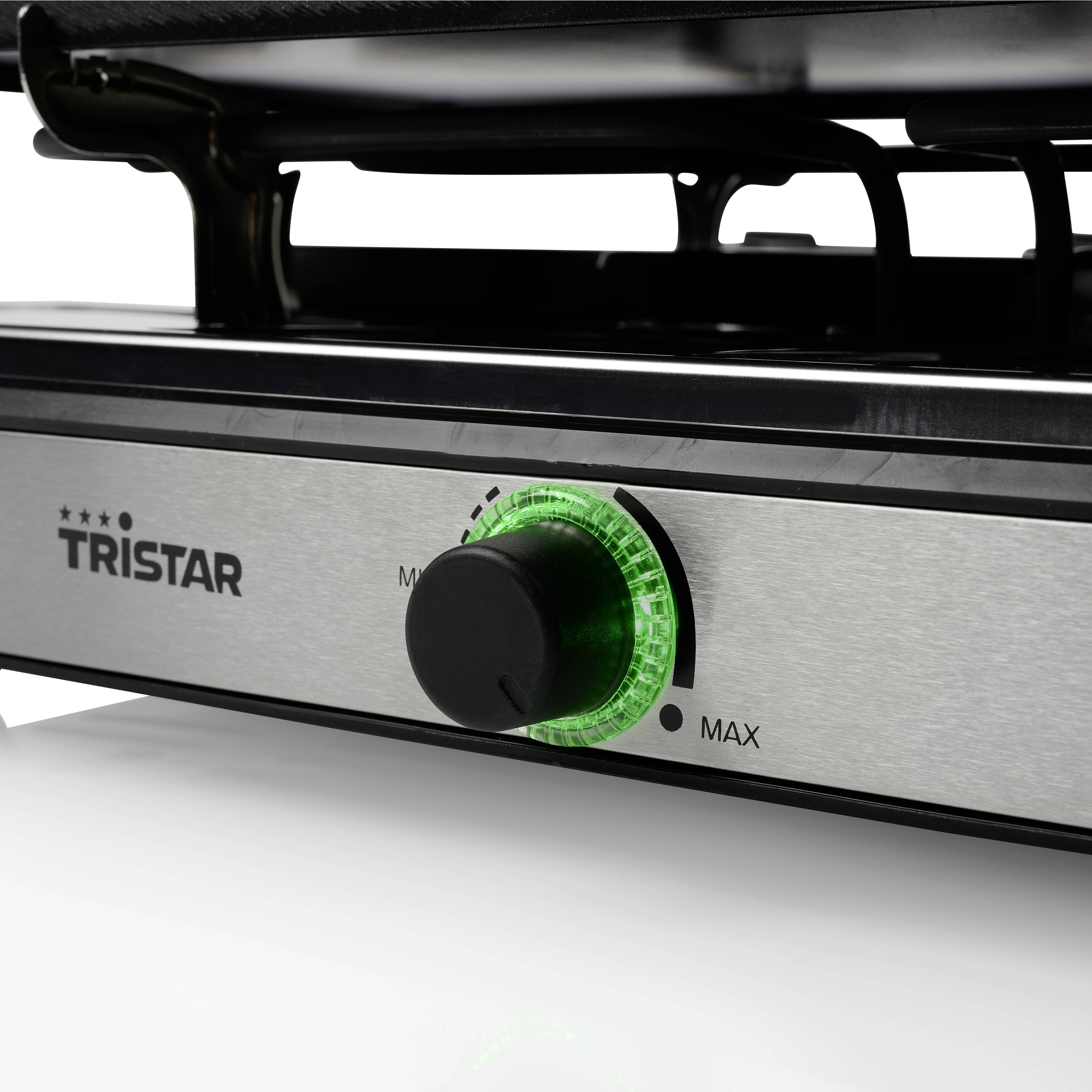 Close-up van een Tristar elektrisch apparaat met een draaiknop voor temperatuurregeling. De knop toont instellingen van 'Min' tot 'Max'.