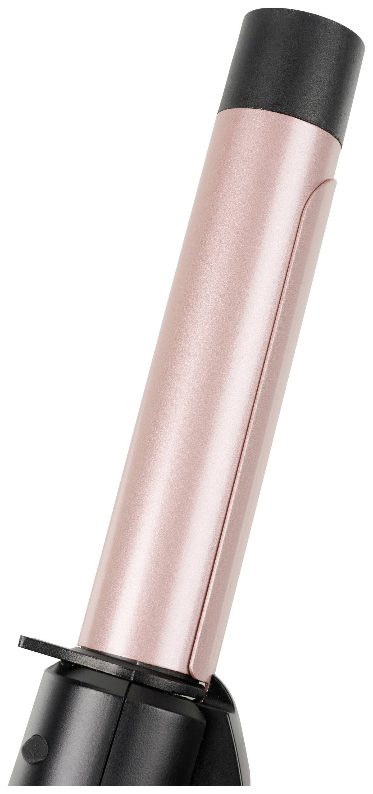 Elektrische krultang met roze steel en zwarte handgreep, voor het creëren van krullend haar.