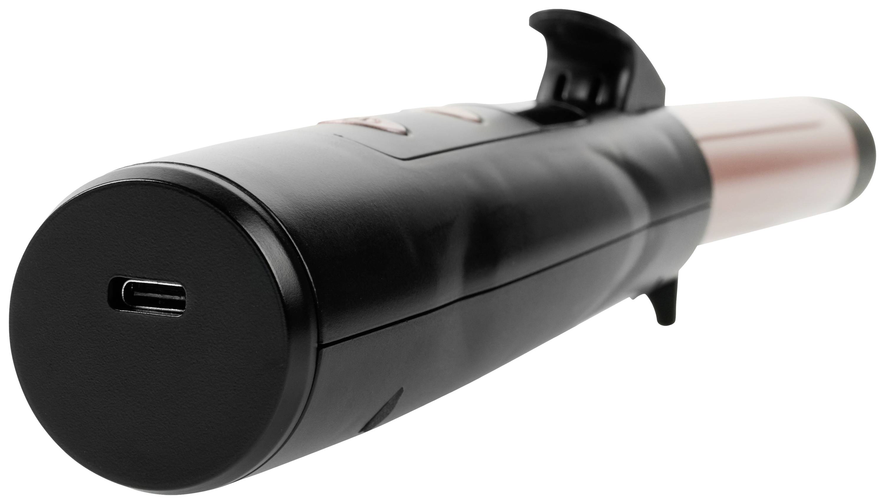 Draadloze krultang close-up met zwarte handgreep en rode verwarmingsbuis.