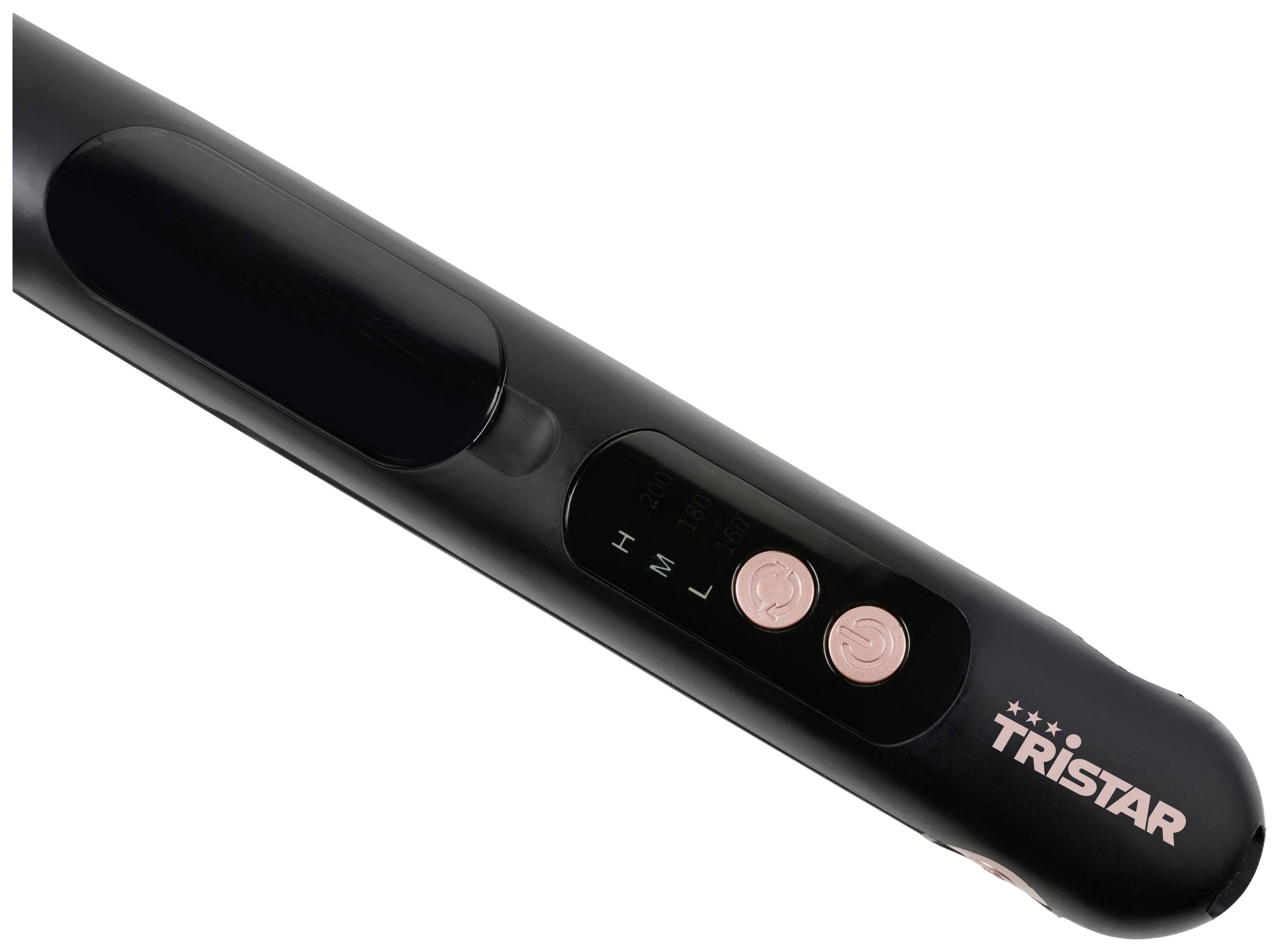 Zwarte stijltang met merkenlogo 'Tristar', bedieningsknoppen voor aan/uit en H/M/L warmte-instelling, ergonomisch ontwerp.
