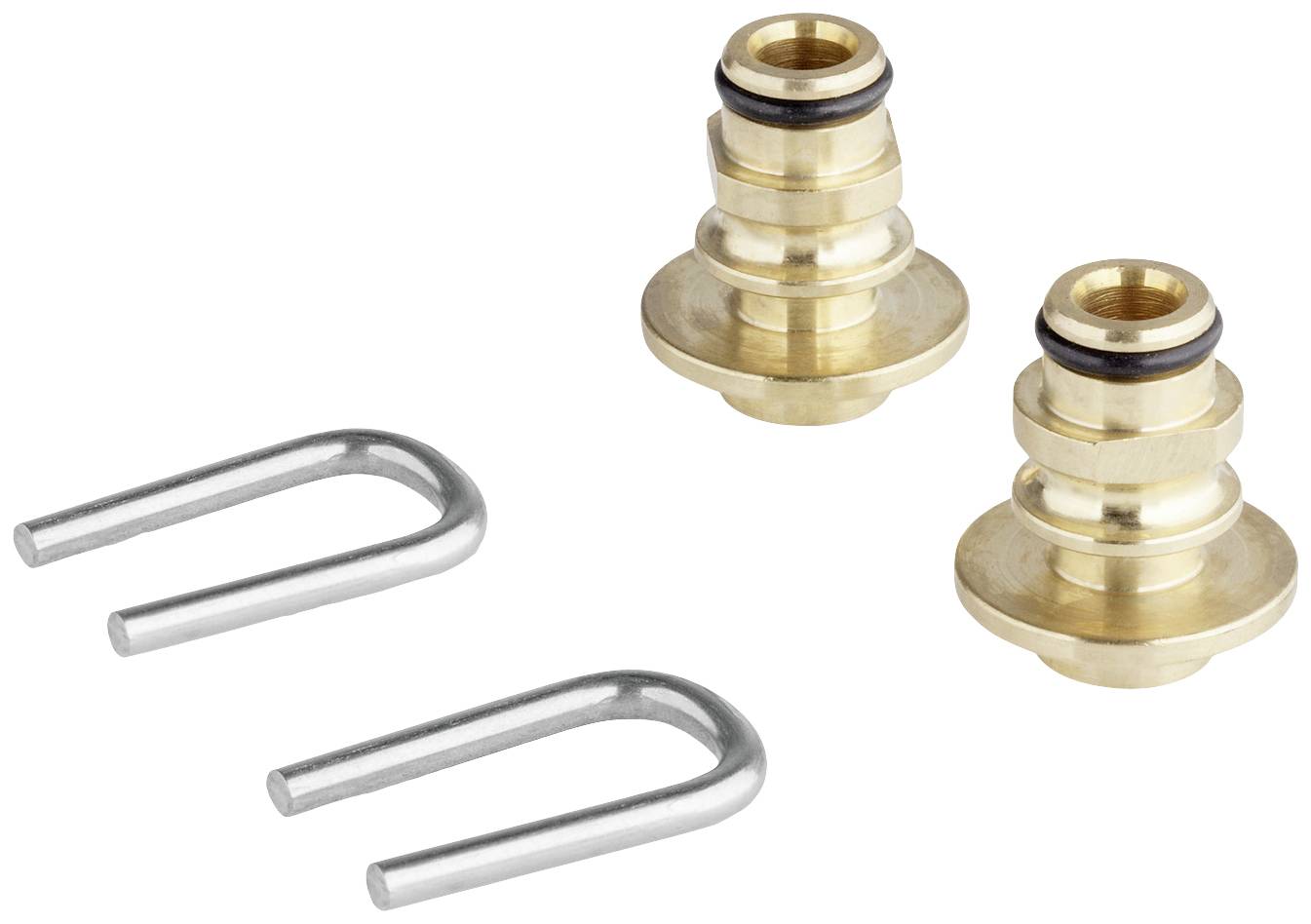 Twee goudkleurige metalen adapters met afdichtingsringen en twee zilveren U-vormige metalen beugels op een witte achtergrond.