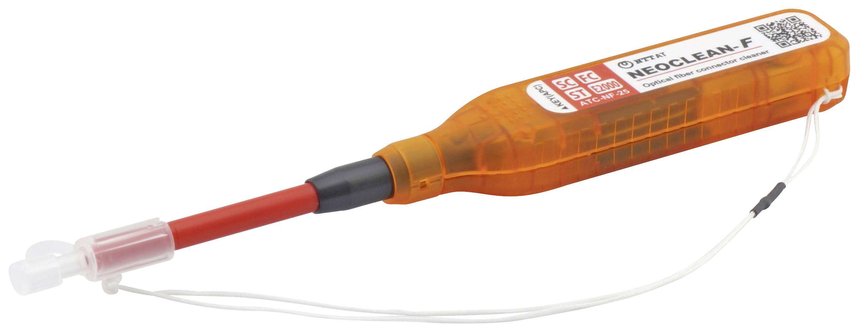 Een oranje reinigingsgereedschap met een rode punt, gebruikt voor het schoonmaken van glasvezelverbindingen in netwerkinstallaties.