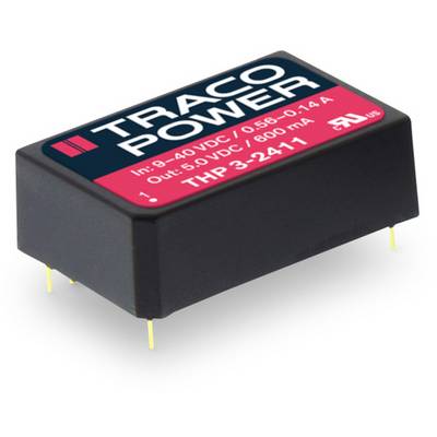 Een rechthoekig elektronisch onderdeel met het opschrift 'TRACO POWER'. Het toont ingangs- en uitgangsspanning alsmede stroomsterkte.
