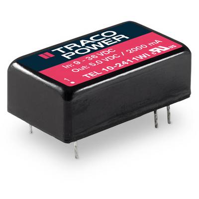Zwarte TRACO POWER spanningsomvormer met het opschrift 'In: 9-36 VDC, Out: 5,0 VDC / 2000 mA, TEL 10-2411WI'.