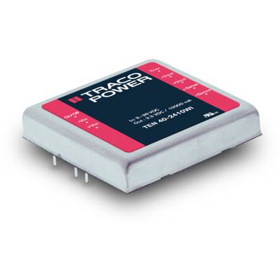'TRACO POWER'-module, DC/DC-converter, ingangen van 9-36 VDC, uitgangen tot 10.000mA, 40W vermogen, liggend op tafel met pins zichtbaar.