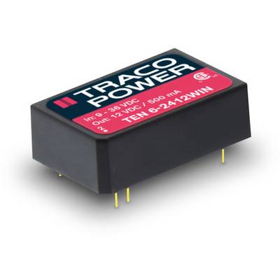 Een rechthoekig elektronisch onderdeel met het opschrift 'TRACO POWER', geschikt voor ingangsspanningen van 9-36 VDC en uitgang van 12 VDC.