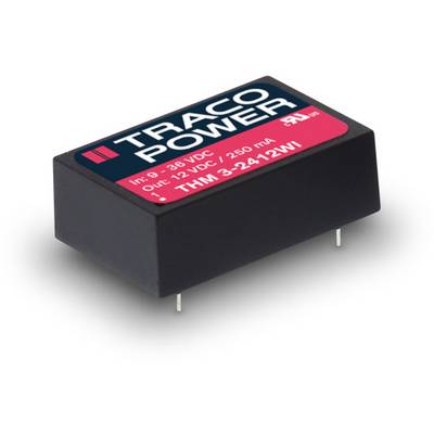 Een rechthoekige THM-3 converter van TRACO POWER met opdruk: 'Input: 9-36 VDC, Output: 12 VDC / 250 mA, Type: THM 3-2412WI'.