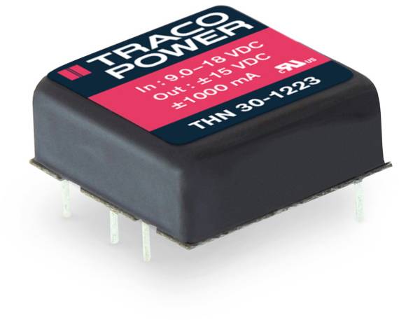Netvoedingsmodule van het merk Traco Power met technische specificaties gedrukt: Ingang 9-18 V DC, Uitgang ±15 V DC ±100 mA, Model THN 30-1223.