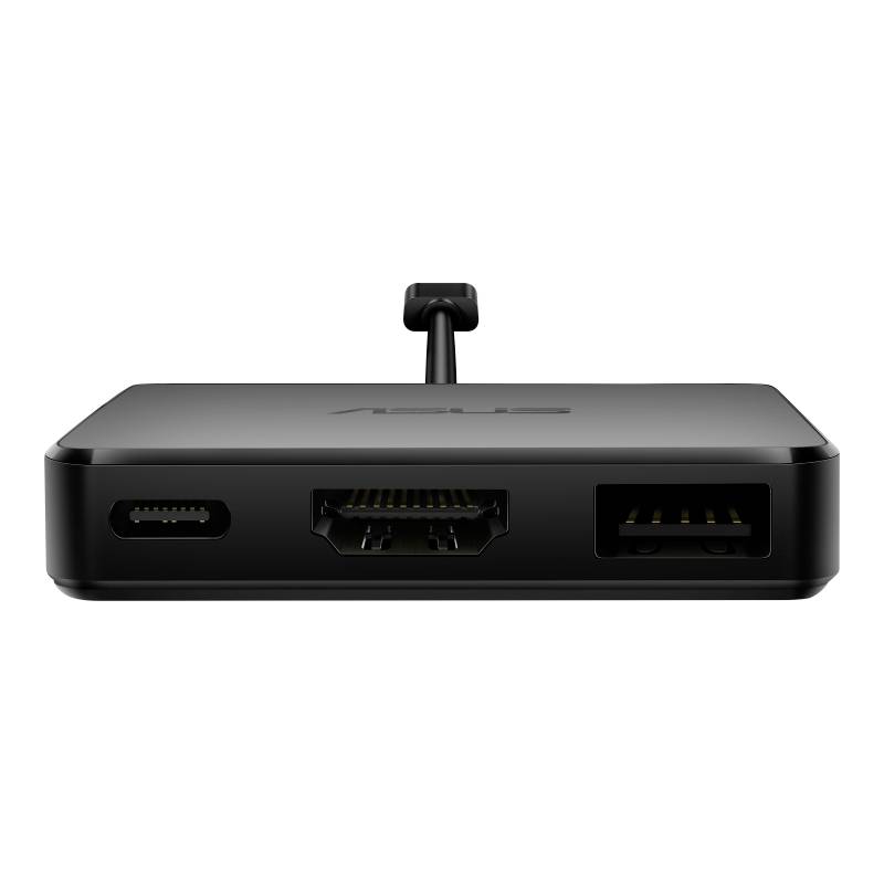 Een zwart elektronisch apparaat met aansluitingen: USB-C, HDMI en USB-A. Vooraanzicht met zichtbare kabelverbinding aan de bovenkant.