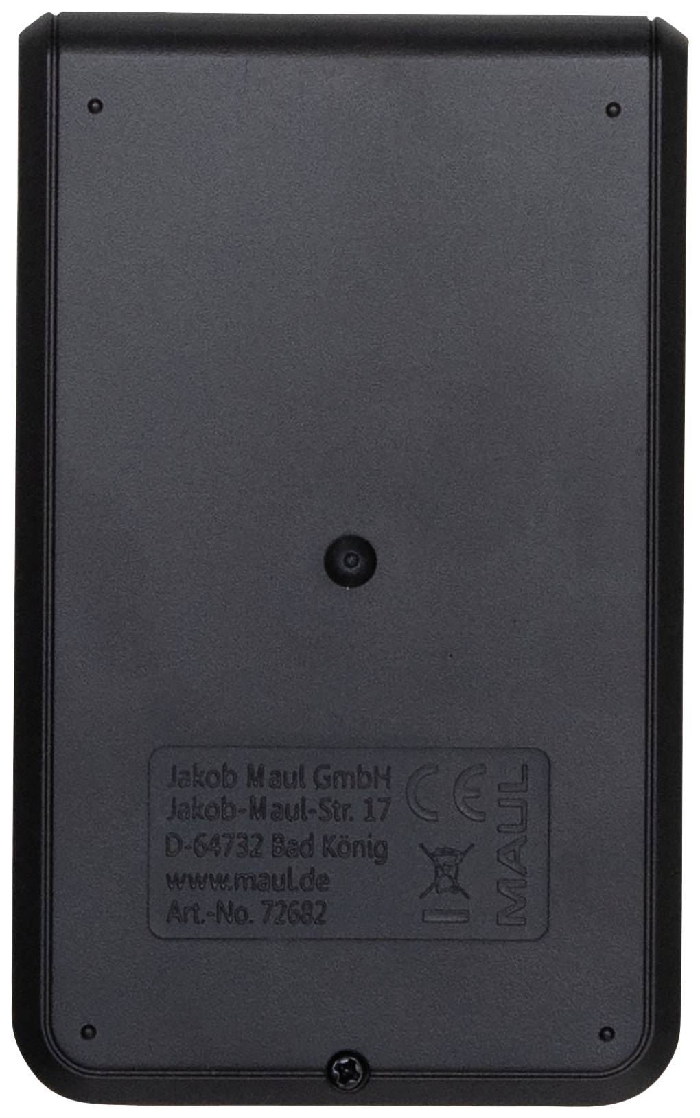 Achterkant van een zwart elektronisch apparaat met een sticker met contactgegevens van Jakob Maul GmbH uit Bad König, Duitsland.
