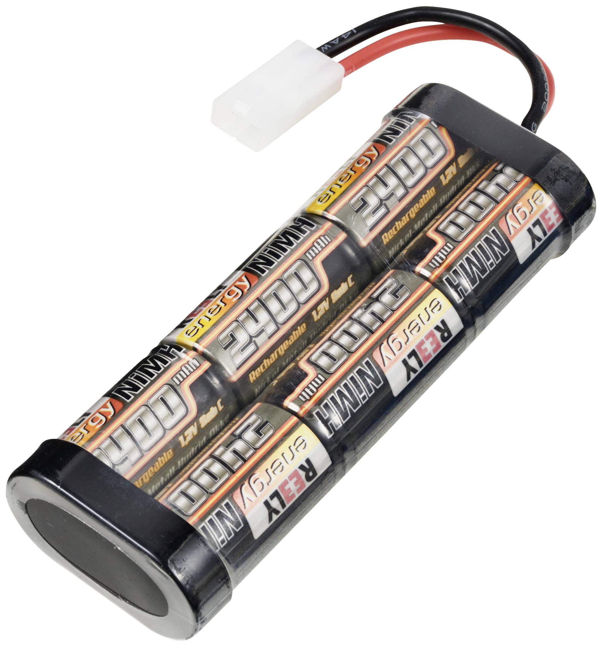 Accupack met zes AA-batterijen, verbonden in twee rijen. Een zwarte en een rode draad leiden naar een witte stekker.