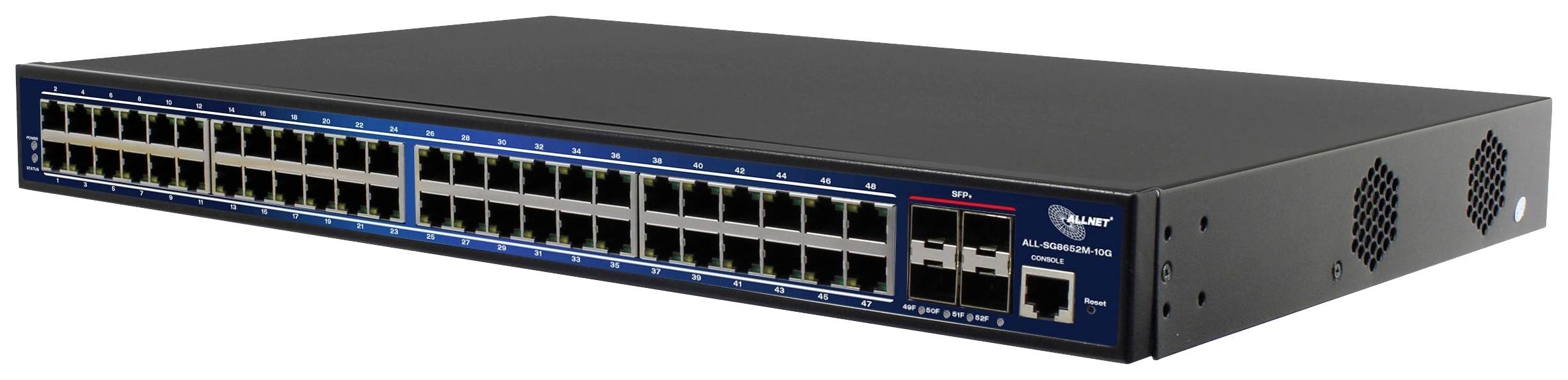 Een zwarte netwerk-switch met 48 Ethernet-poorten en twee SFP-poorten, geschikt voor het beheer van grote bedrijfsnetwerken.