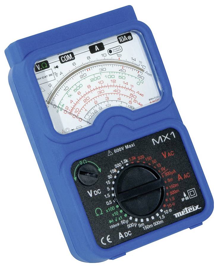 Analoog multimeter, blauw, met schaal voor spanning-, stroom- en weerstandsmetingen. Gemarkeerd met 'MX1'.