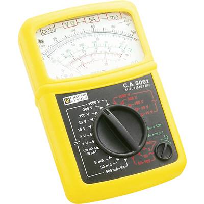 Geel analoog multimeter C.A 5001 met draaiknop en schalen voor het meten van spanning, stroom en weerstand.