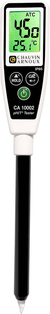 Een pH-meetapparaat met display. Toont '4,8' als pH-waarde en '25,1°C' als temperatuur. Bevat knoppen voor kalibratie.