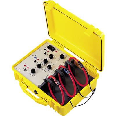 Een geel, open draagtas-behuizing bevat een elektronisch testapparaat met schakelaars en klemmen, waarbij rode kabels zichtbaar zijn.