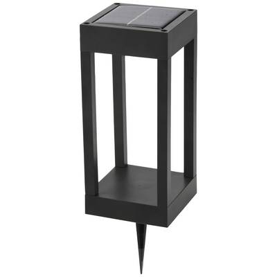 Zwarte, op zonne-energie werkende tuinlamp in rechthoekige, open vorm met pin voor bevestiging in de grond.