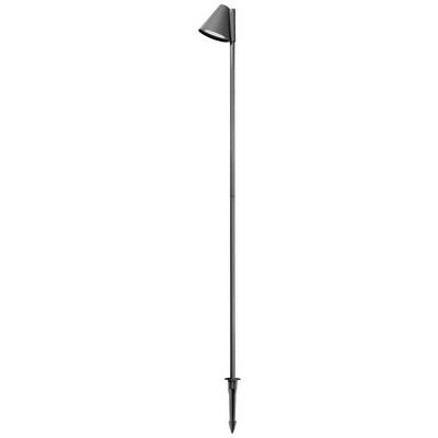 Staande lamp met slanke vormgeving en conische kap, gemonteerd op een lange stang met grondpen voor eenvoudige plaatsing in de grond.