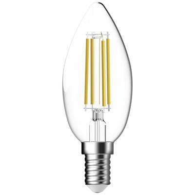 Een heldere LED-gloeilamp met filament, druppelvormig, geschikt voor een kleine lampvoet. Energiezuinige verlichtingsoplossing.