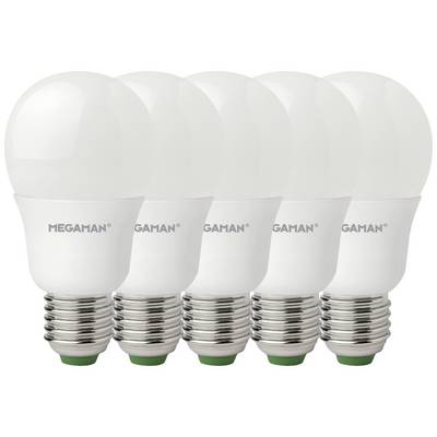 Vijf witte LED-lampen met E27-fitting, op een rij achter elkaar geplaatst. Merknaam 'MEGAMAN' zichtbaar op elke lamp.