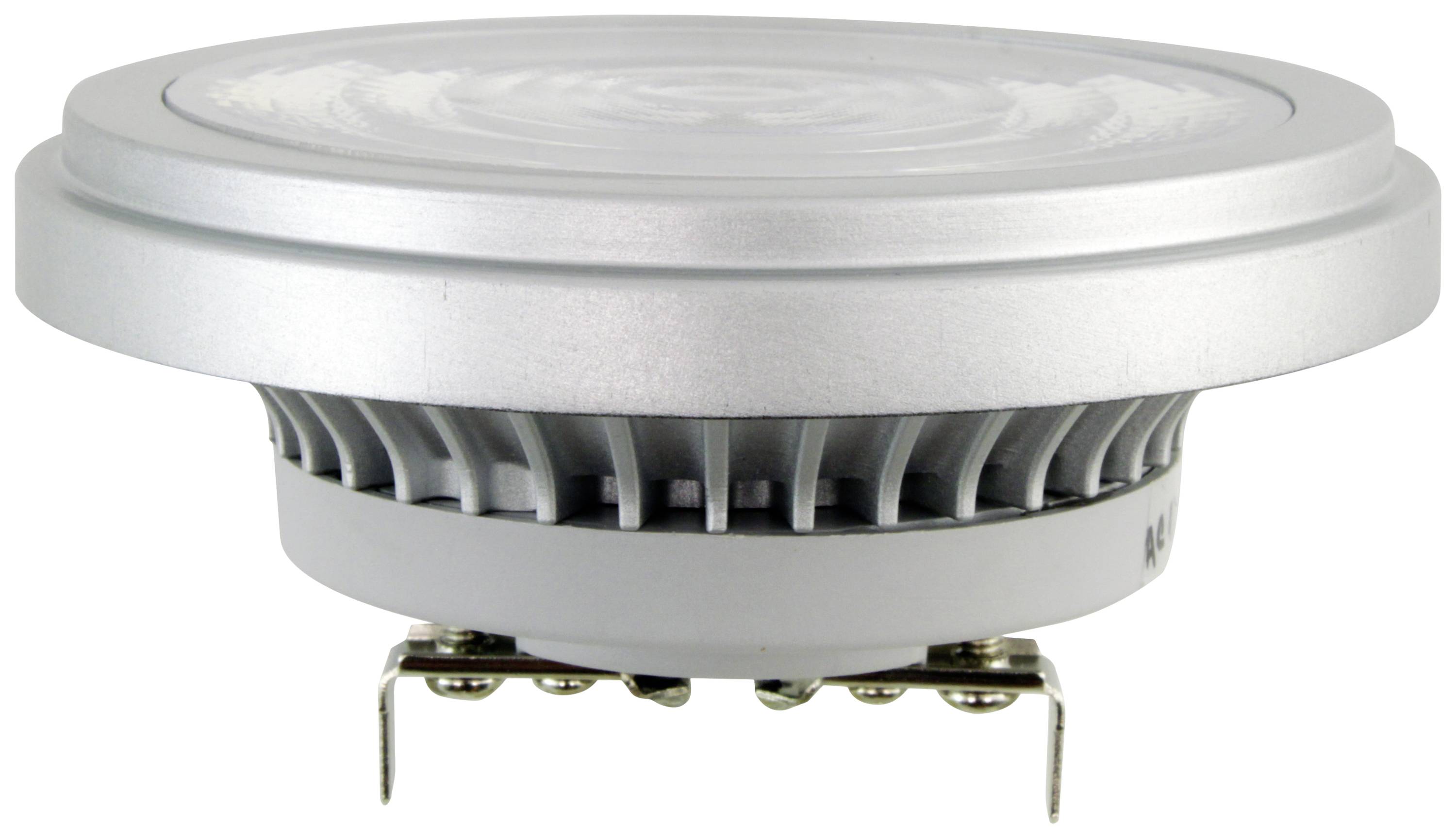 Een LED-schijnwerper met een rond, zilverkleurig behuizing en koelribben, geschikt voor plafondmontage. Geoptimaliseerd voor energiezuinige verlichting.