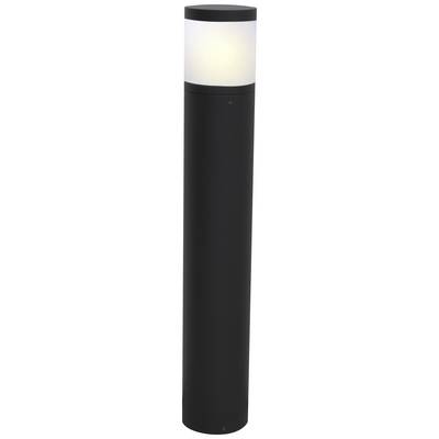 Een moderne, zwarte buitenlamp in cilindrische vorm, met bovenaan een witte diffuser die zorgt voor een sfeervolle verlichting.