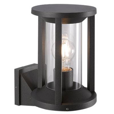 Zwarte wandlamp met cilindrisch glas en zichtbare gloeilamp, geschikt voor buitenruimtes.