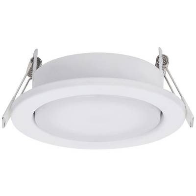 Een ronde, witte LED-inbouwspot met metalen bevestigingsklemmen voor plafondmontage. Ideaal voor moderne binnenverlichting.