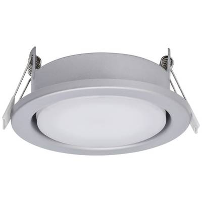 Ronde LED-plafondlamp in een grijs behuizing met bevestigingsklemmen aan de zijkanten, geschikt voor montage in verlaagde plafonds.