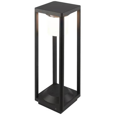 Een moderne, zwarte buitenlantaarn met een vierkante voet en een matte witte diffuser in het midden. Geschikt voor tuinverlichting.