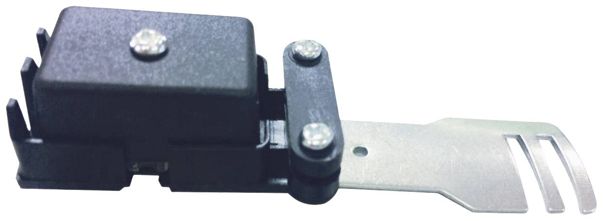 Een zwarte, rechthoekige schakelaar met metalen hendel en schroefbevestigingen. Dient als mechanisch bedieningselement.