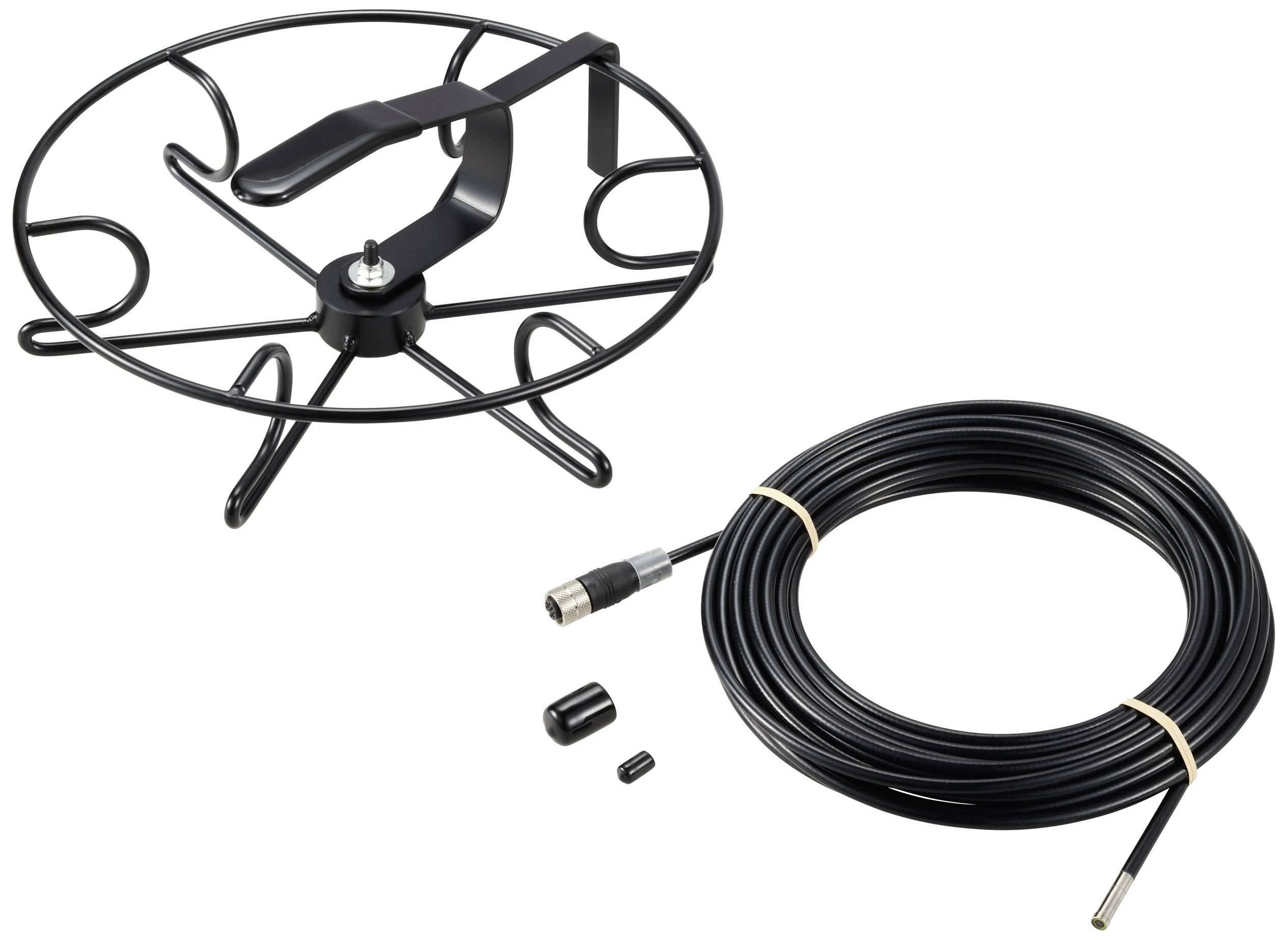 Een rotorbladcorrectieset met draadrichtgereedschap en kabel. Bevat een metalen beugel, een lange kabelspoel en een kleine adapter.